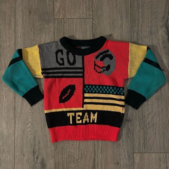 Vintage Boys Sasson Knit Sweater 90's‎ Colorblock Football Go Team Size-Medium - Picture 1 of 3